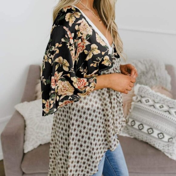 Women Floral Kimono Cardigans 3/4 Ruffle Sleeve Lightweight Patchwork Flowy Boho - Picture 2 of 7